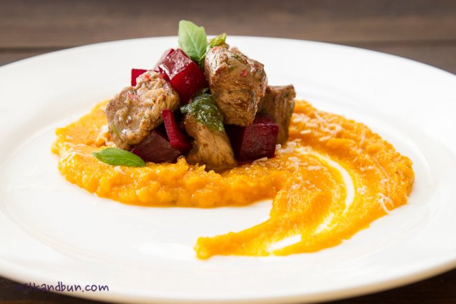 Veal with pink pepper and squash puree