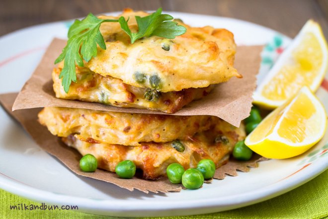 Trout fritters with peas and horseradish