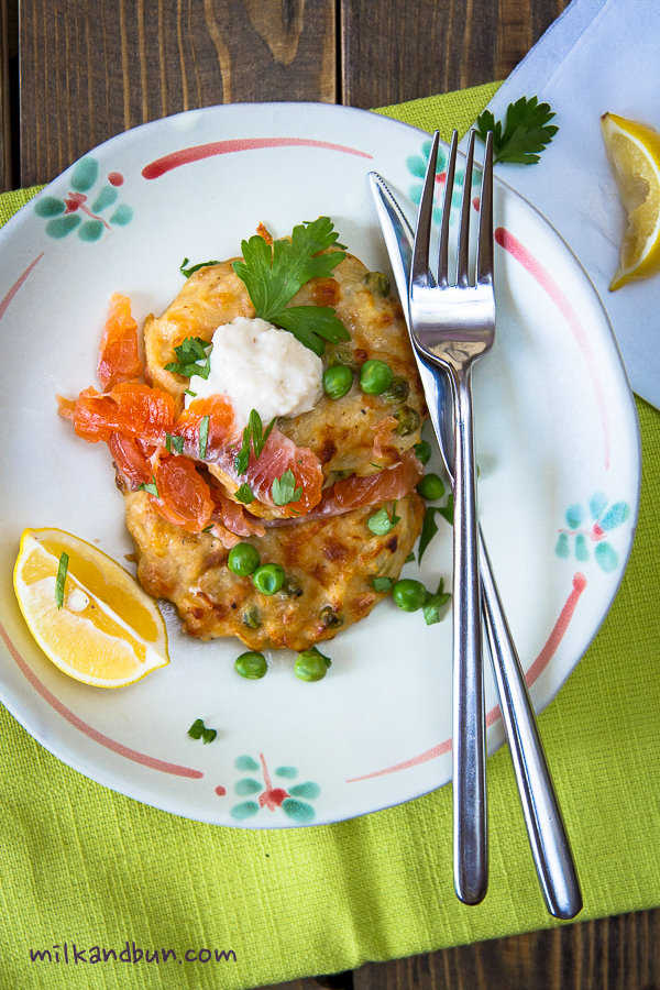 Trout tritters with green peas and horseradish