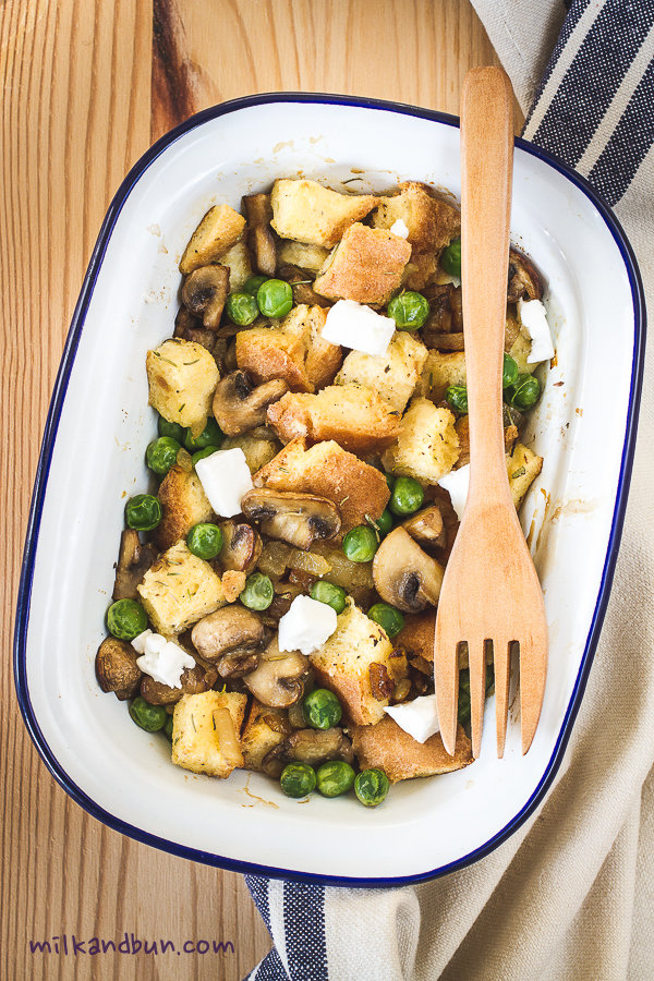 Savory Bread Pudding with mushrooms and peas