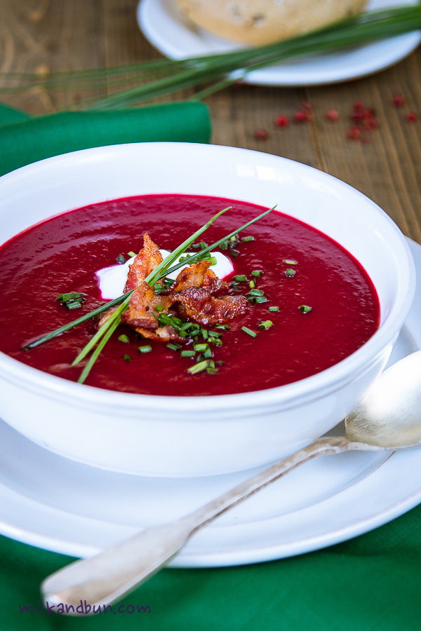 Beetroot soup with bacon and chives