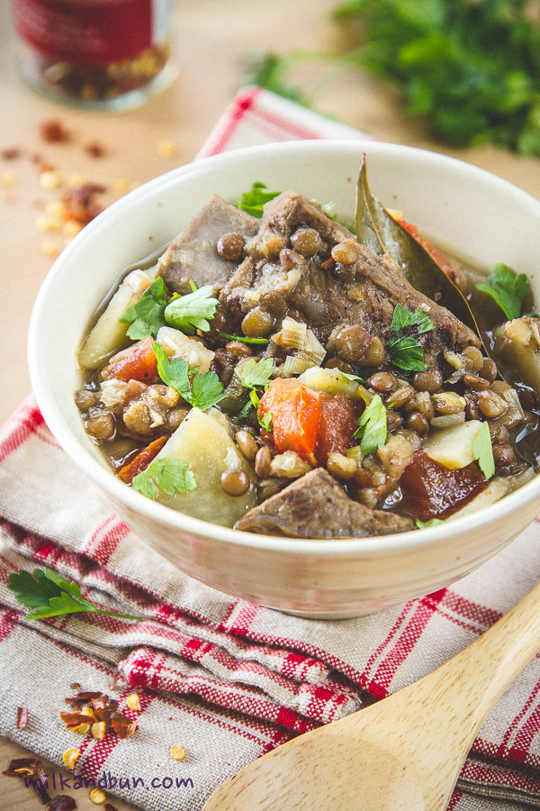 Thick lentil soup with pork ribs