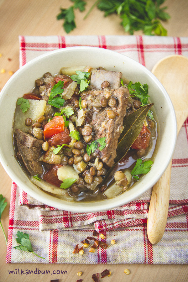 Lentil soup with pork ribs, chilli and bay leaf
